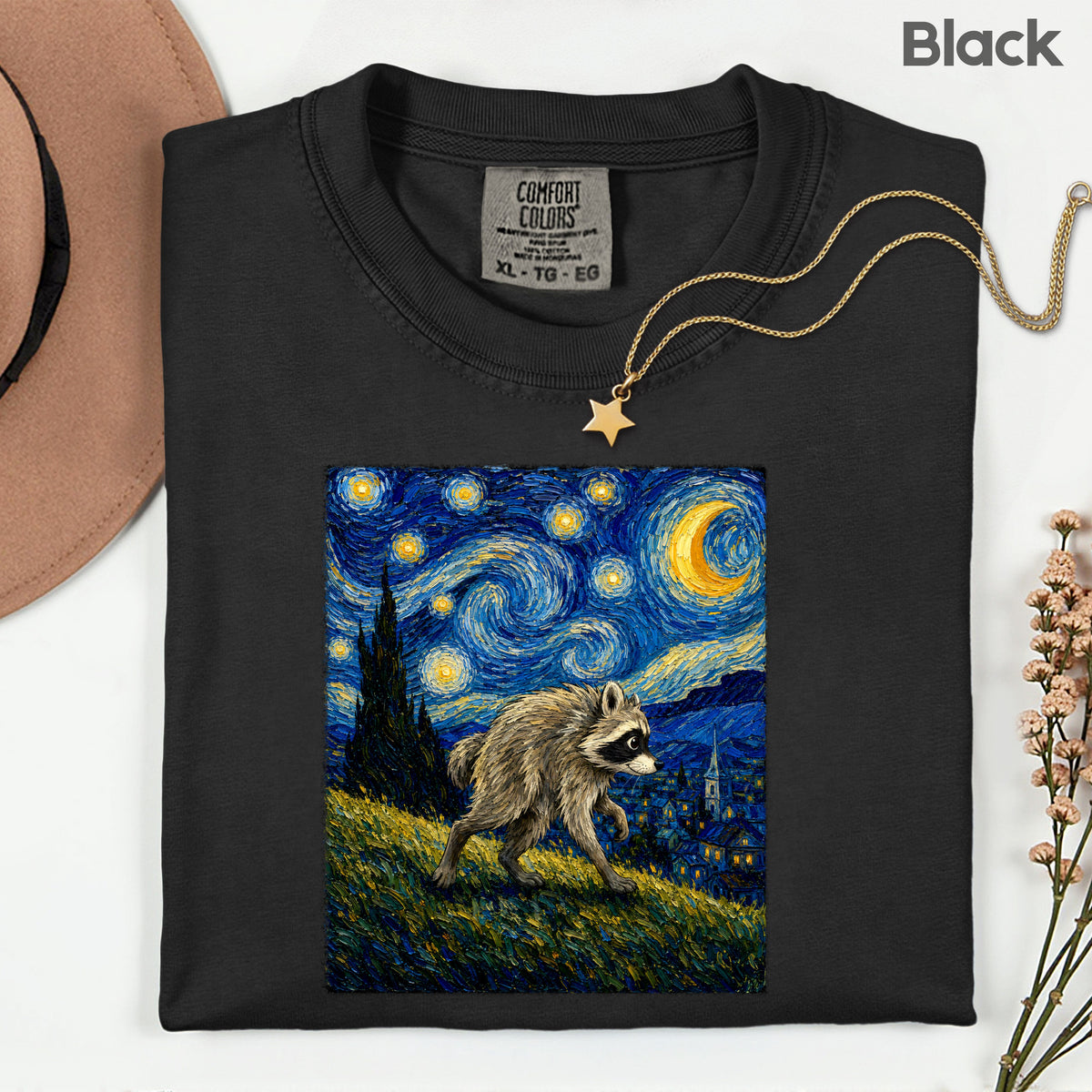 Starry Night Raccoon T-Shirt, Van Gogh Style Oil Painting Funny Wildlife Art Tee