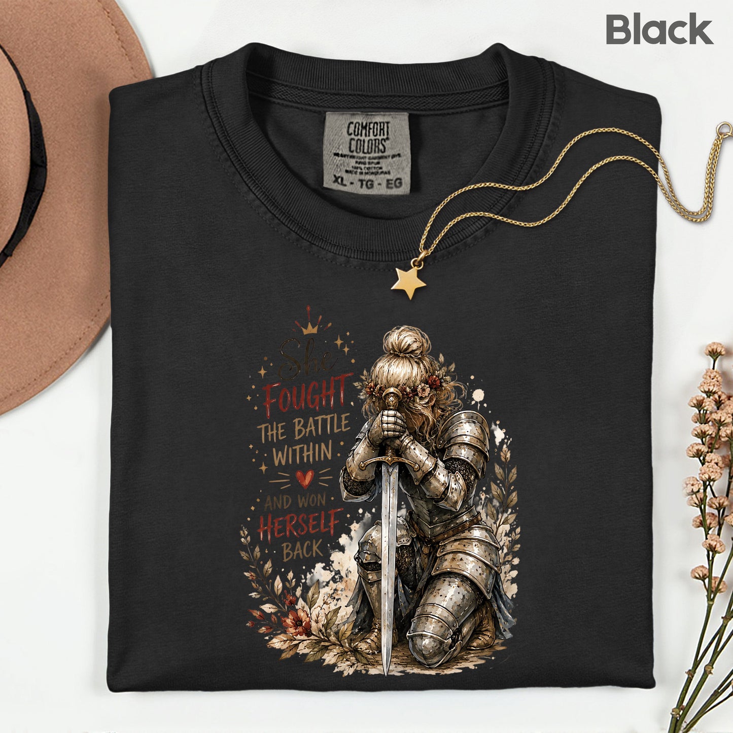 Inspirational Knight Girl She Fought the Battle Within T-Shirt, Female Warrior Sword Armor Tee
