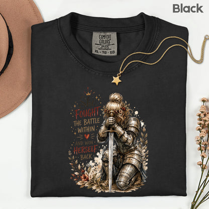 Inspirational Knight Girl She Fought the Battle Within T-Shirt, Female Warrior Sword Armor Tee
