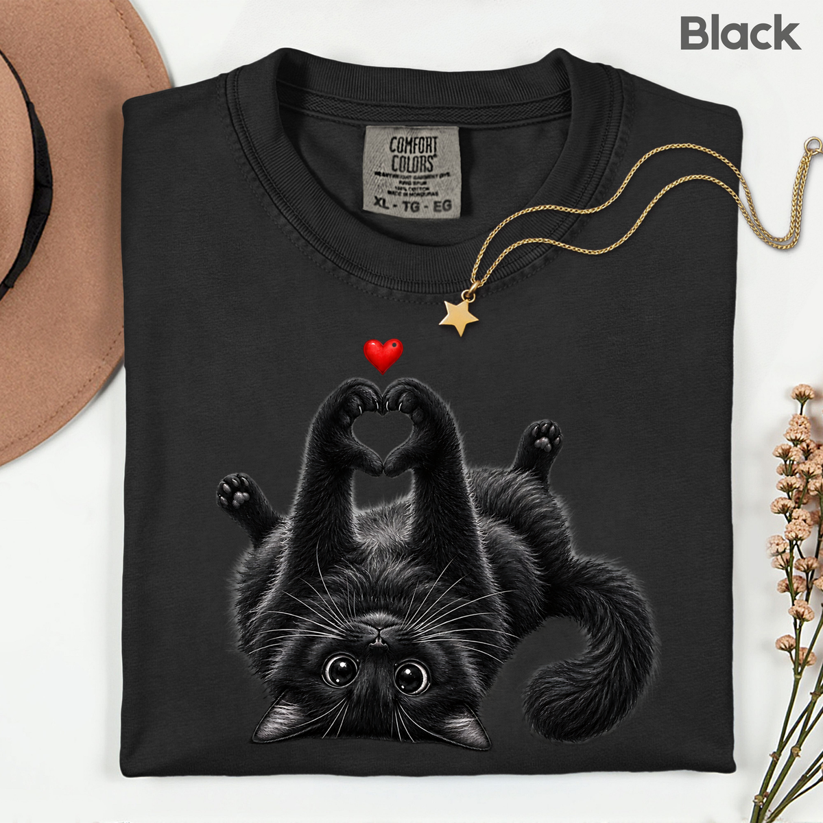 Black Cat Heart Hands T-Shirt, Cute Kitty Kitten Lover Heart Paws Love Tee