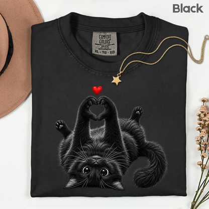 Black Cat Heart Hands T-Shirt, Cute Kitty Kitten Lover Heart Paws Love Tee