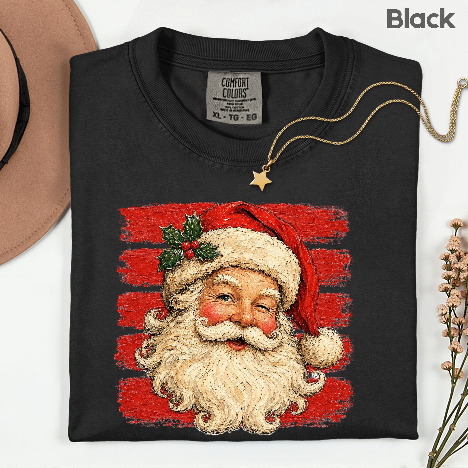 Vintage Winking Santa Christmas T-Shirt, Retro Red Stripes Nostalgic Holiday Comfort Color Tee