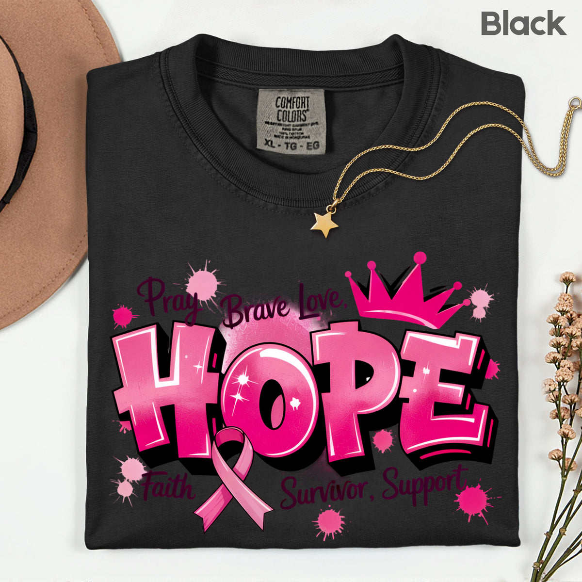 Breast Cancer Hope Pink Ribbon T-Shirt, Survivor Awareness Support Comfort Color Tee