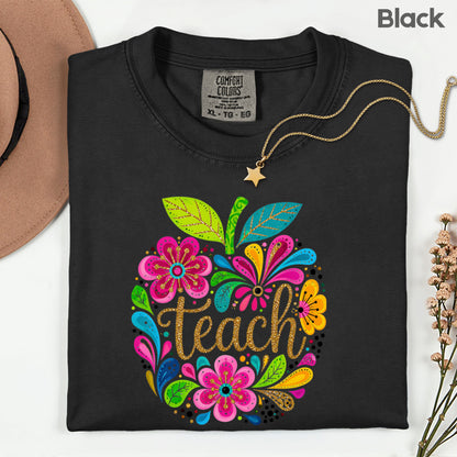 Teacher Teach Floral Apple T-Shirt, Colorful Back to School Teacher Life Tee