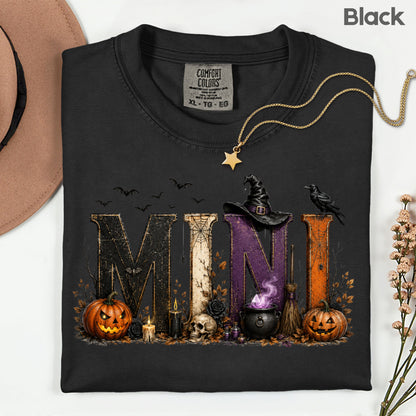 Mini Halloween Witch Hat Cauldron Pumpkin Kids T-Shirt, Spooky Season Tee