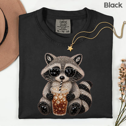 Cool Raccoon Iced Coffee T-Shirt, Sunglasses Trash Panda Rhinestone Tee Sweatshirt