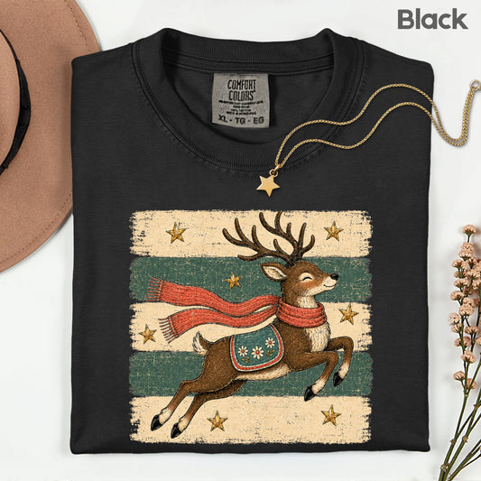 Vintage Christmas Reindeer T-Shirt, Flying Reindeer Scarf Retro Winter Comfort Color Tee