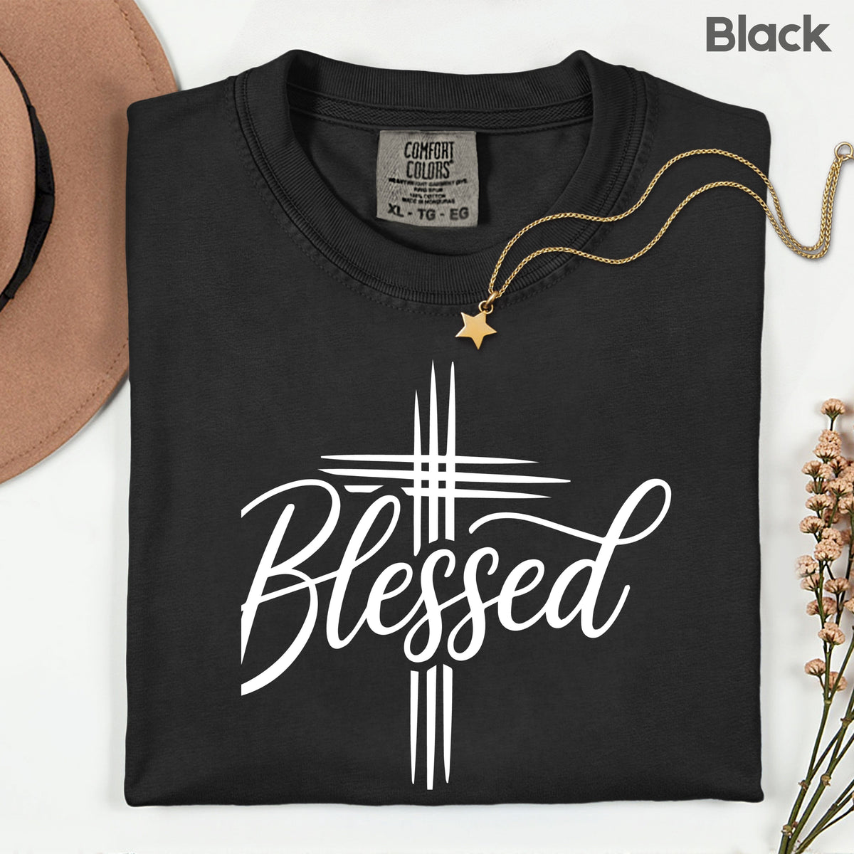 Blessed Cross Christian T-Shirt, Script Cursive Faith Minimalist Religious Tee Sweatshirt