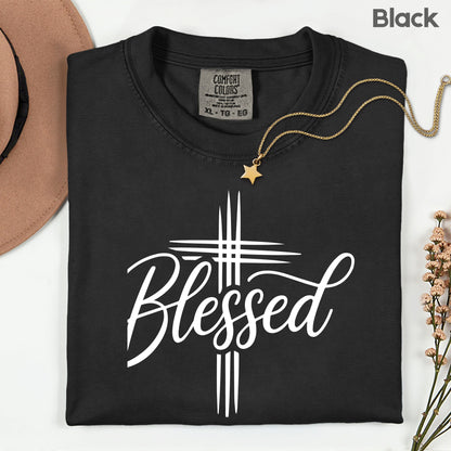 Blessed Cross Christian T-Shirt, Script Cursive Faith Minimalist Religious Tee Sweatshirt