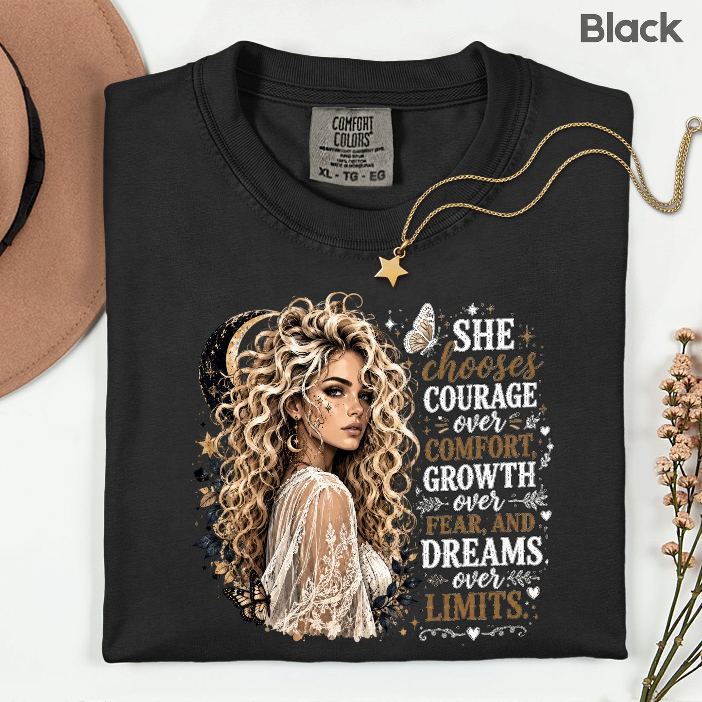 She Chooses Courage Inspirational T-Shirt, Blonde Woman Butterfly Crescent Moon Tee Sweatshirt