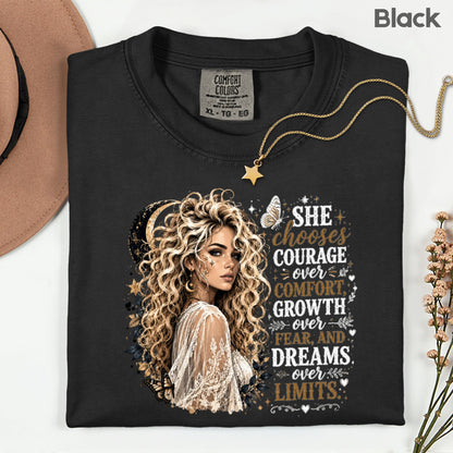 She Chooses Courage Inspirational T-Shirt, Blonde Woman Butterfly Crescent Moon Tee Sweatshirt
