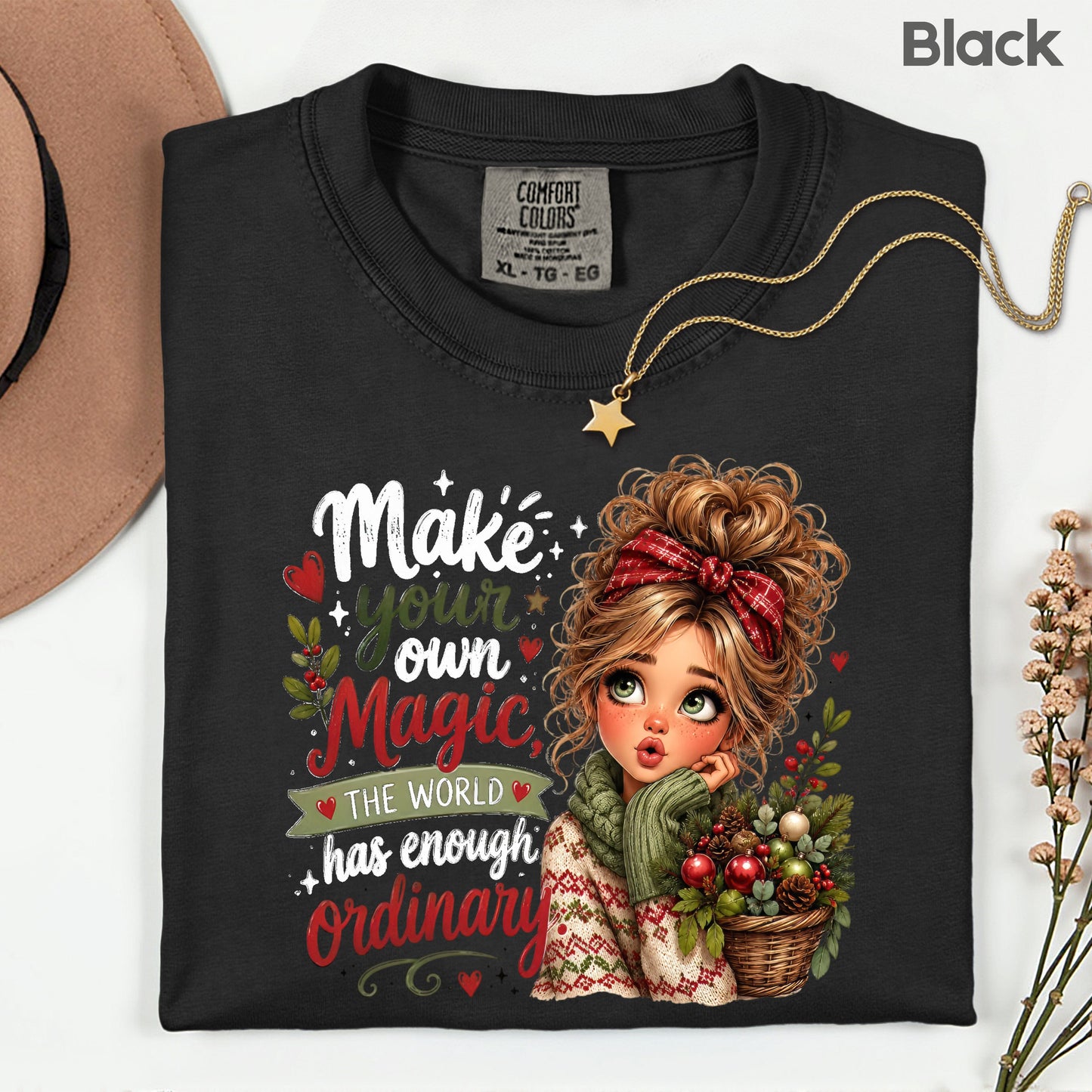 Make Your Own Magic Christmas Messy Bun Girl T-Shirt, Festive Holiday Quote Comfort Color Tee
