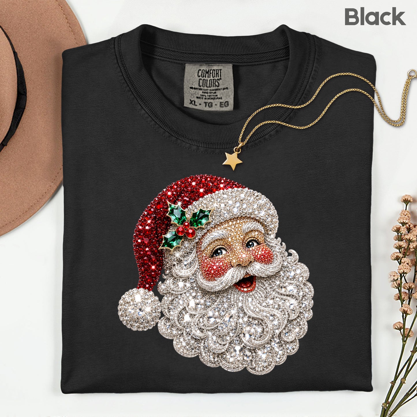 Christmas Santa Claus Vintage T-Shirt, Bejeweled Rhinestone Santa Head Festive Holiday Tee