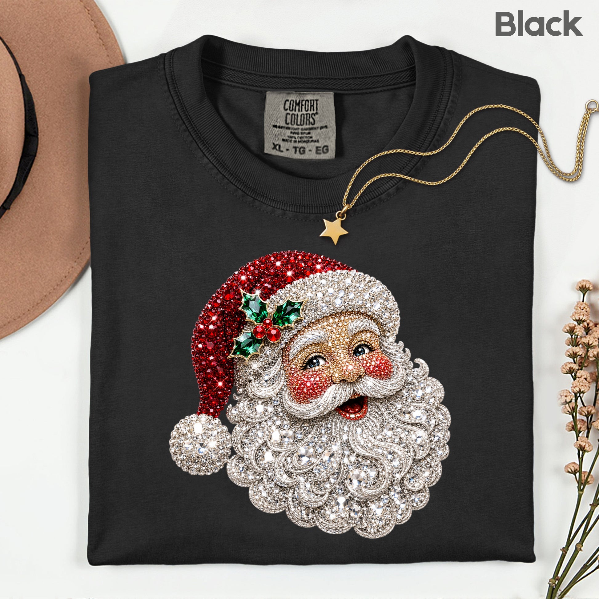 Christmas Santa Claus Vintage T-Shirt, Bejeweled Rhinestone Santa Head Festive Holiday Tee