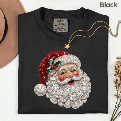 Christmas Santa Claus Vintage T-Shirt, Bejeweled Rhinestone Santa Head Festive Holiday Tee