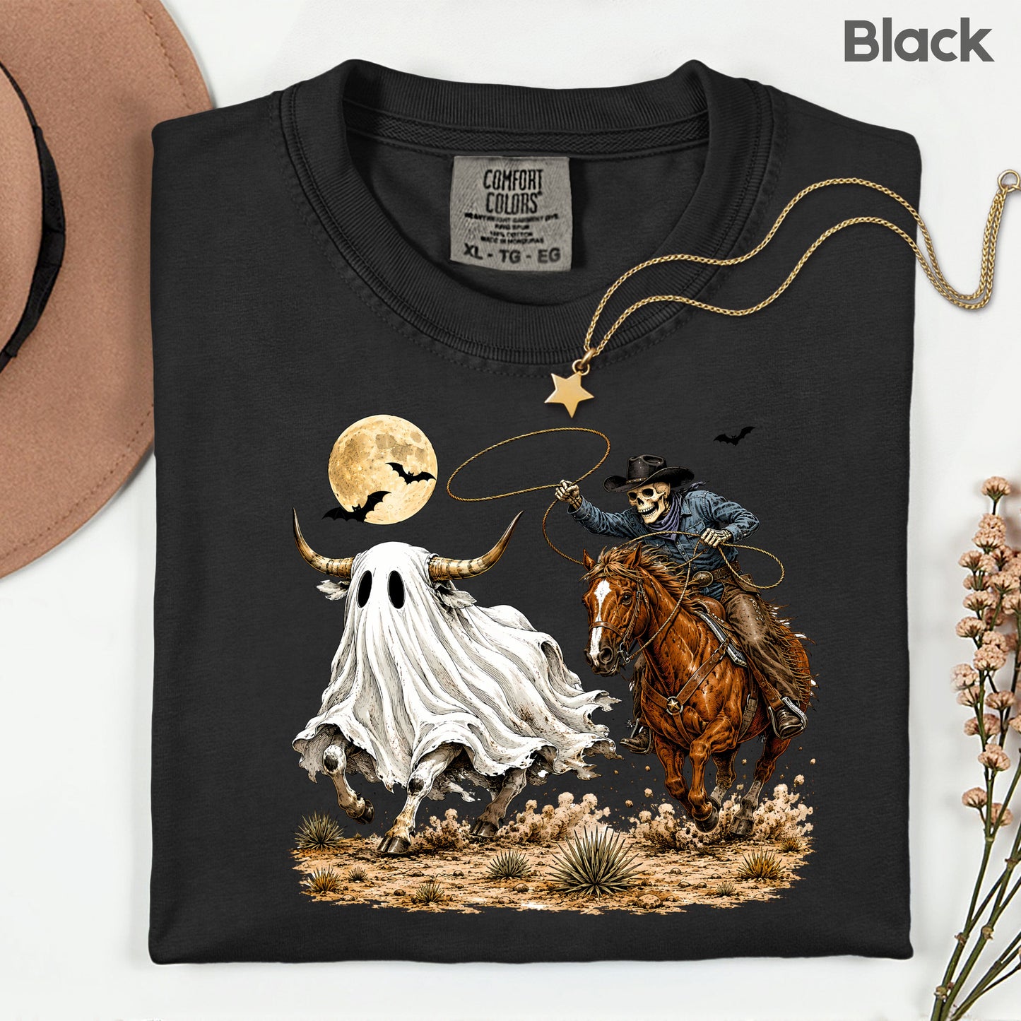 Halloween Skeleton Cowboy Ghost T-Shirt, Western Rodeo Bull Lasso Spooky Tee