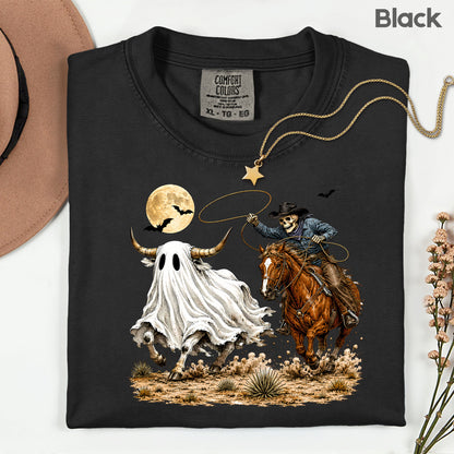 Halloween Skeleton Cowboy Ghost T-Shirt, Western Rodeo Bull Lasso Spooky Tee