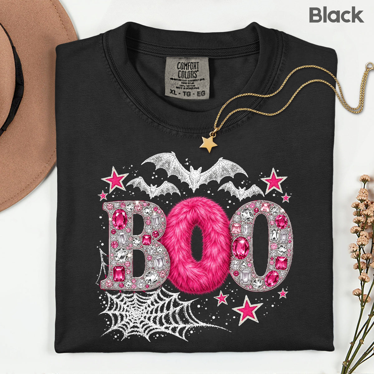 Boo Pink Glitter Bats Halloween T-Shirt, Spider Web Sparkle Comfort Color Tee