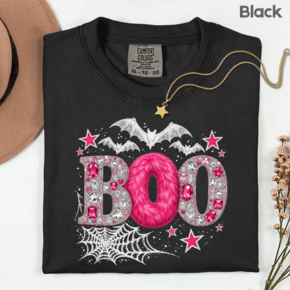 Boo Pink Glitter Bats Halloween T-Shirt, Spider Web Sparkle Comfort Color Tee