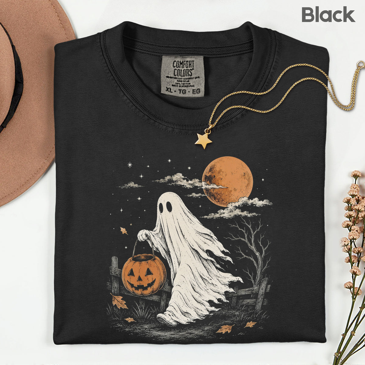 Vintage Halloween Ghost T-Shirt, Jack O Lantern Full Moon Sepia Neutral Tones Spooky Fall Tee