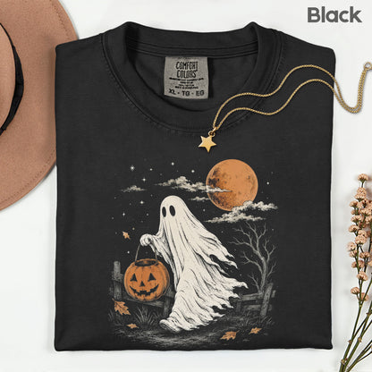 Vintage Halloween Ghost T-Shirt, Jack O Lantern Full Moon Sepia Neutral Tones Spooky Fall Tee