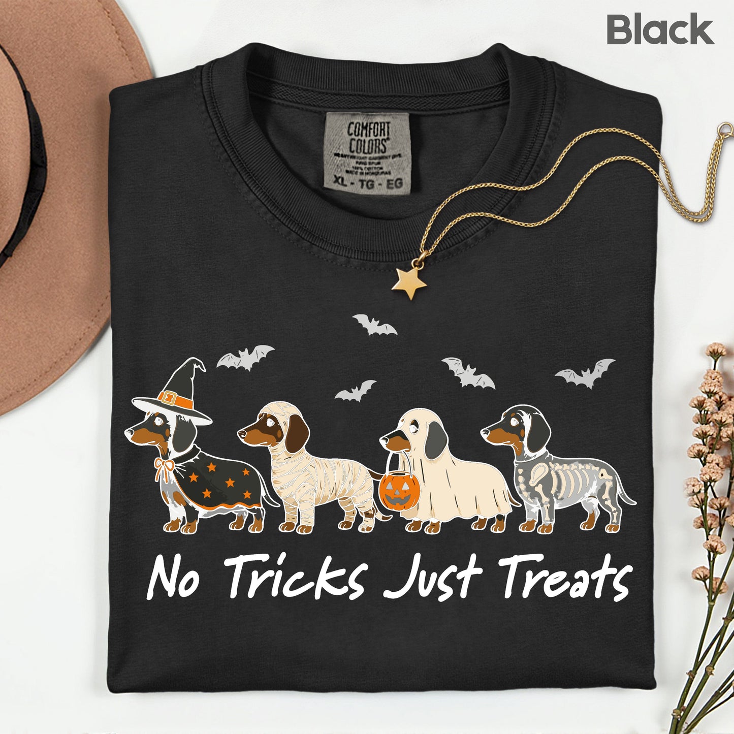 Dachshund Halloween Comfort Colors T Shirts No Tricks Just Treats Costume Tee Cute Ghost Mummy Witch Skeleton Dog Shirt Spooky Wiener Dog Hoodie