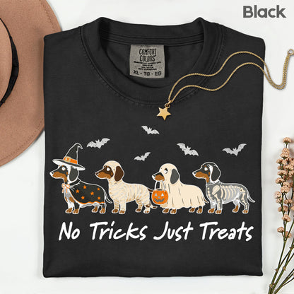 Dachshund Halloween Comfort Colors T Shirts No Tricks Just Treats Costume Tee Cute Ghost Mummy Witch Skeleton Dog Shirt Spooky Wiener Dog Hoodie