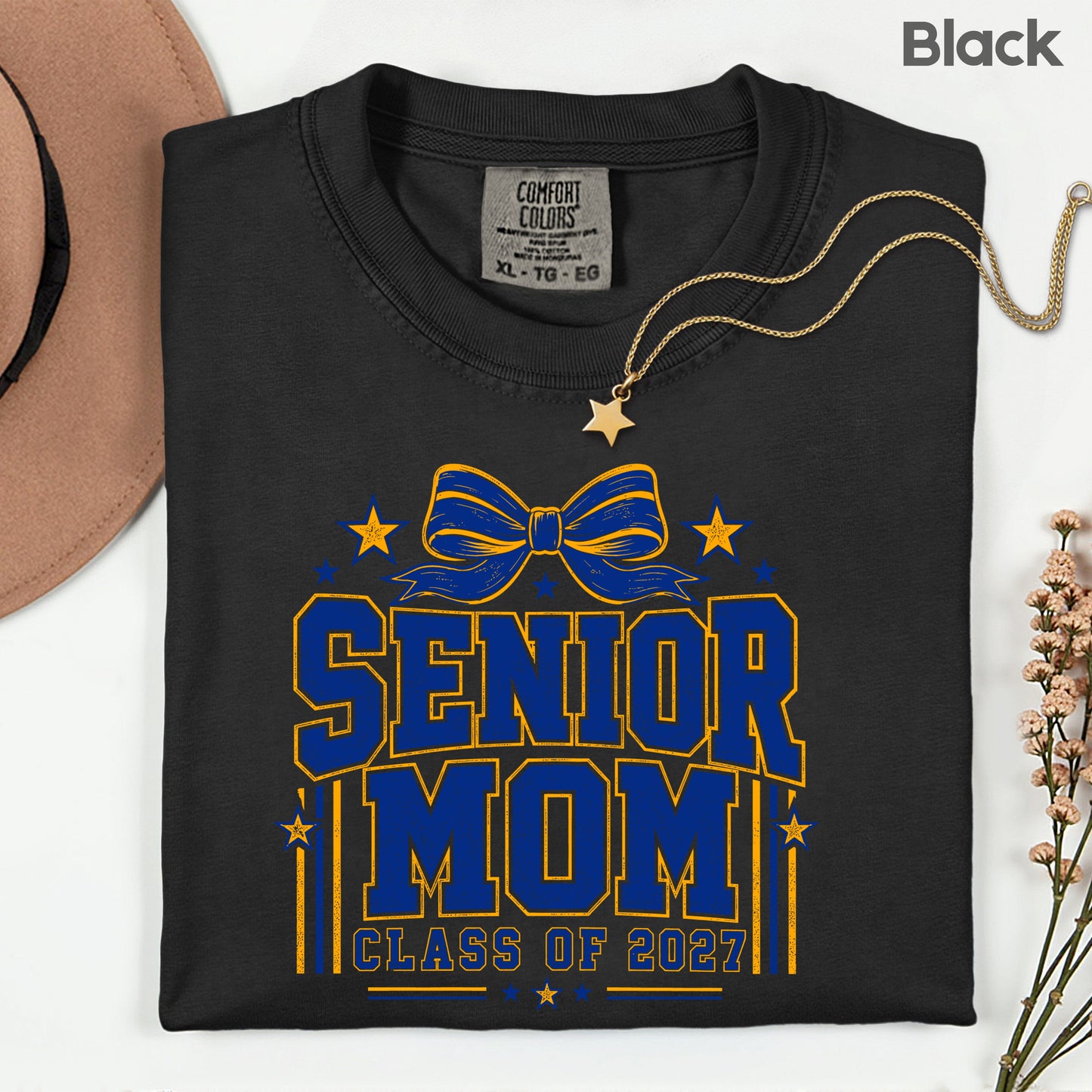 Senior Mom 2027 Royal Blue Yellow Cheer Bow T-Shirt, Varsity Graduation Mother Tee