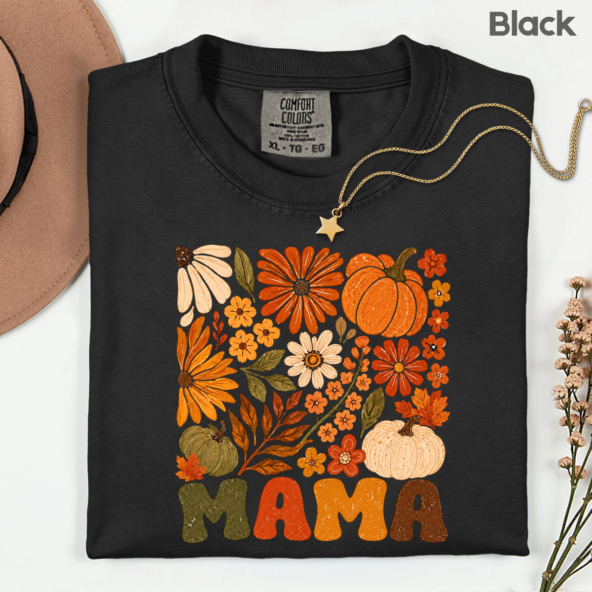 Mama Fall Floral Pumpkins T-Shirt, Retro Groovy Autumn Flowers Thanksgiving Comfort Color Tee