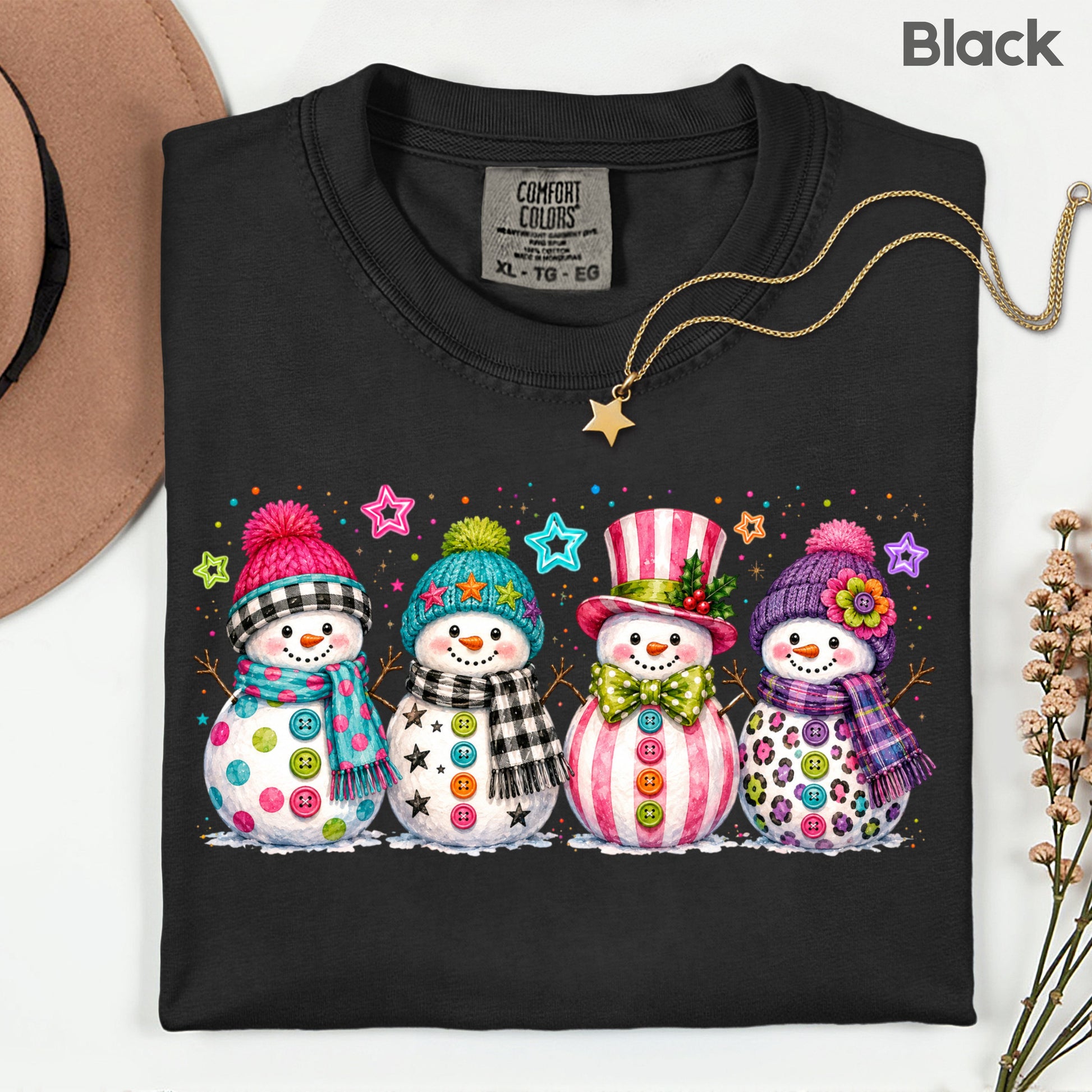 Christmas Colorful Snowmen T-Shirt, Cute Winter Snowman Beanies Scarves Holiday Tee
