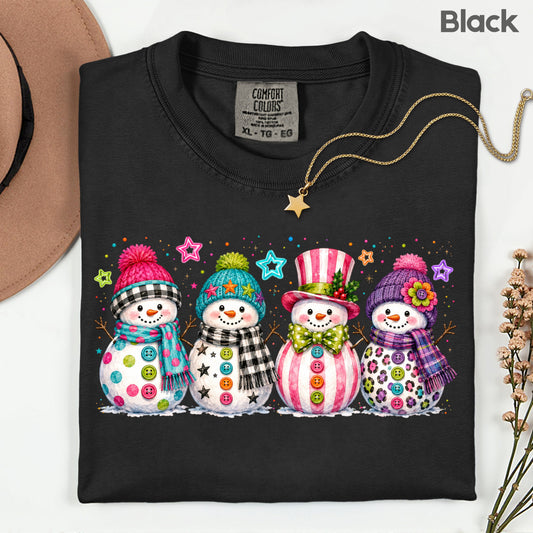 Christmas Colorful Snowmen T-Shirt, Cute Winter Snowman Beanies Scarves Holiday Tee