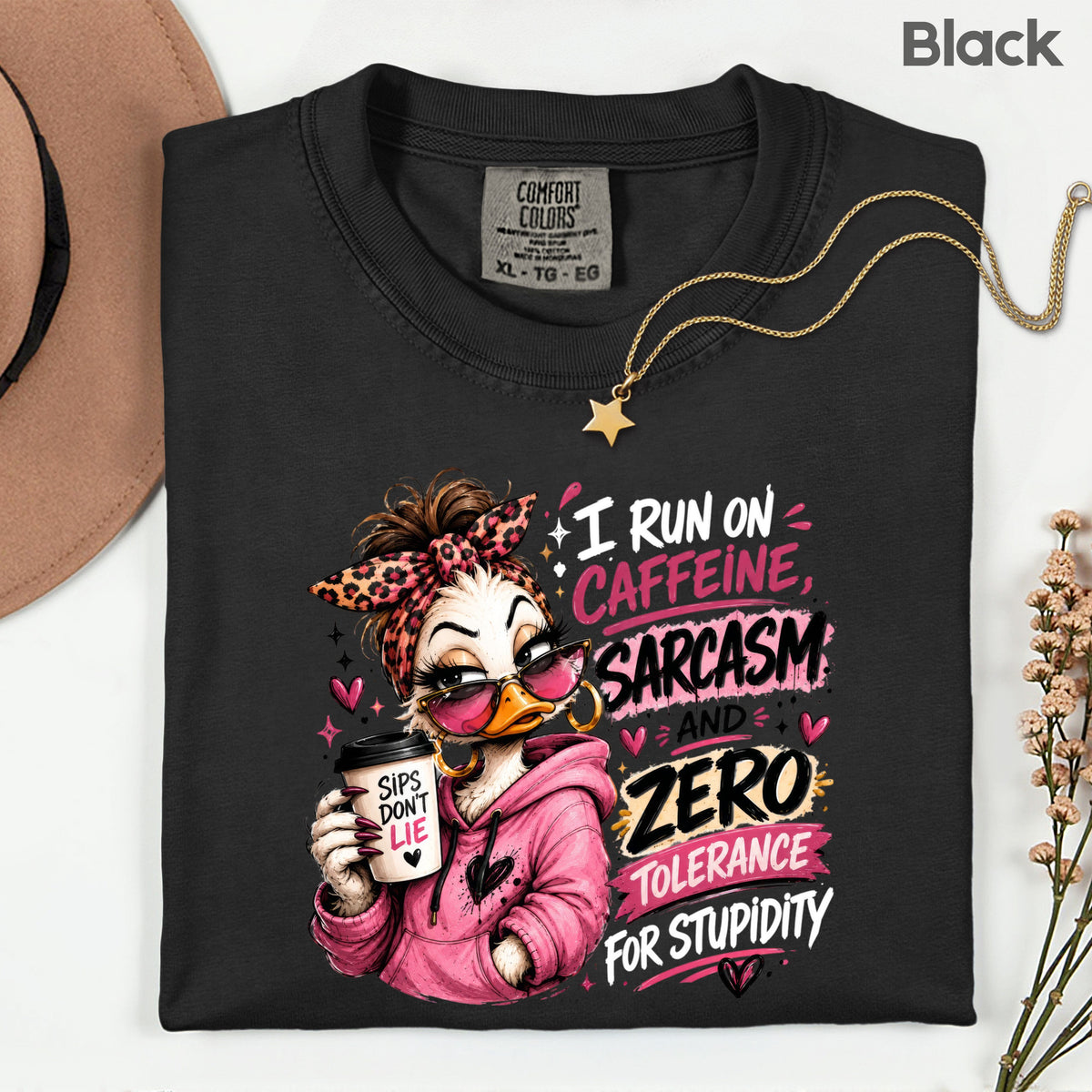 Funny Duck Caffeine T-Shirt, I Run on Caffeine Coffee Messy Bun Leopard Bow Women Tee