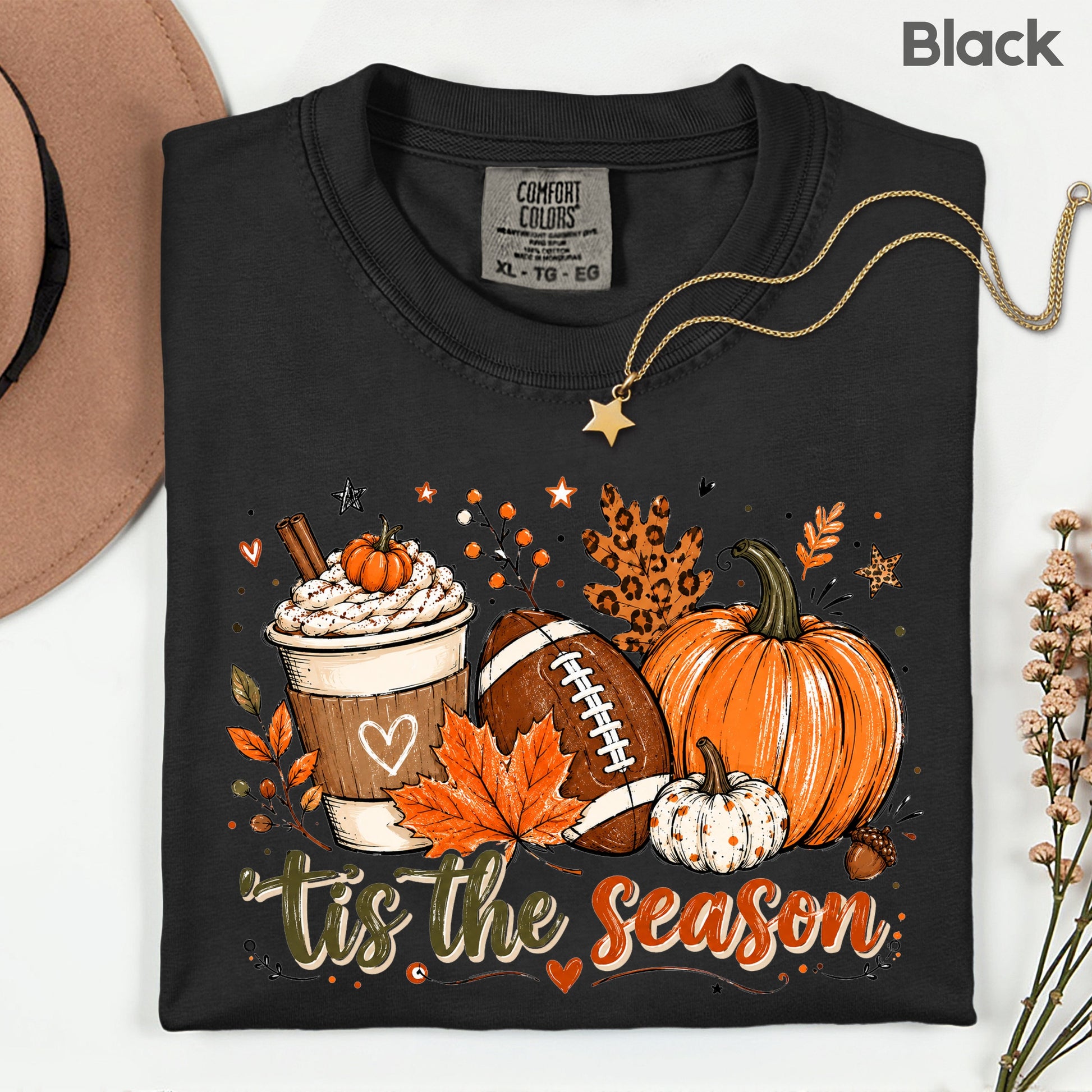 Tis the Season Football Fall T-Shirt, Pumpkin Spice Coffee Thanksgiving Tee