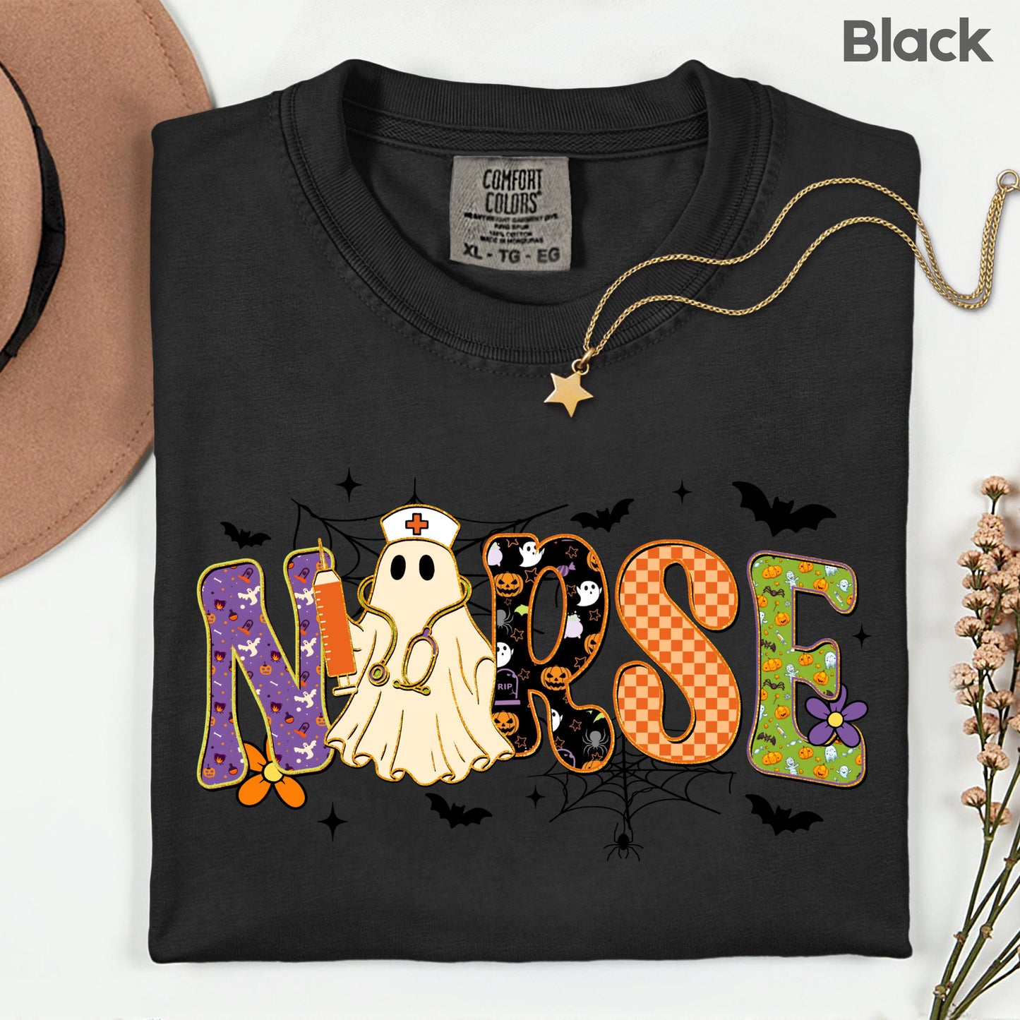 Halloween Nurse Ghost T-Shirt, Spooky Nurse Life Hat Syringe Bats Tee
