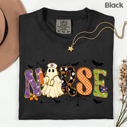 Halloween Nurse Ghost T-Shirt, Spooky Nurse Life Hat Syringe Bats Tee