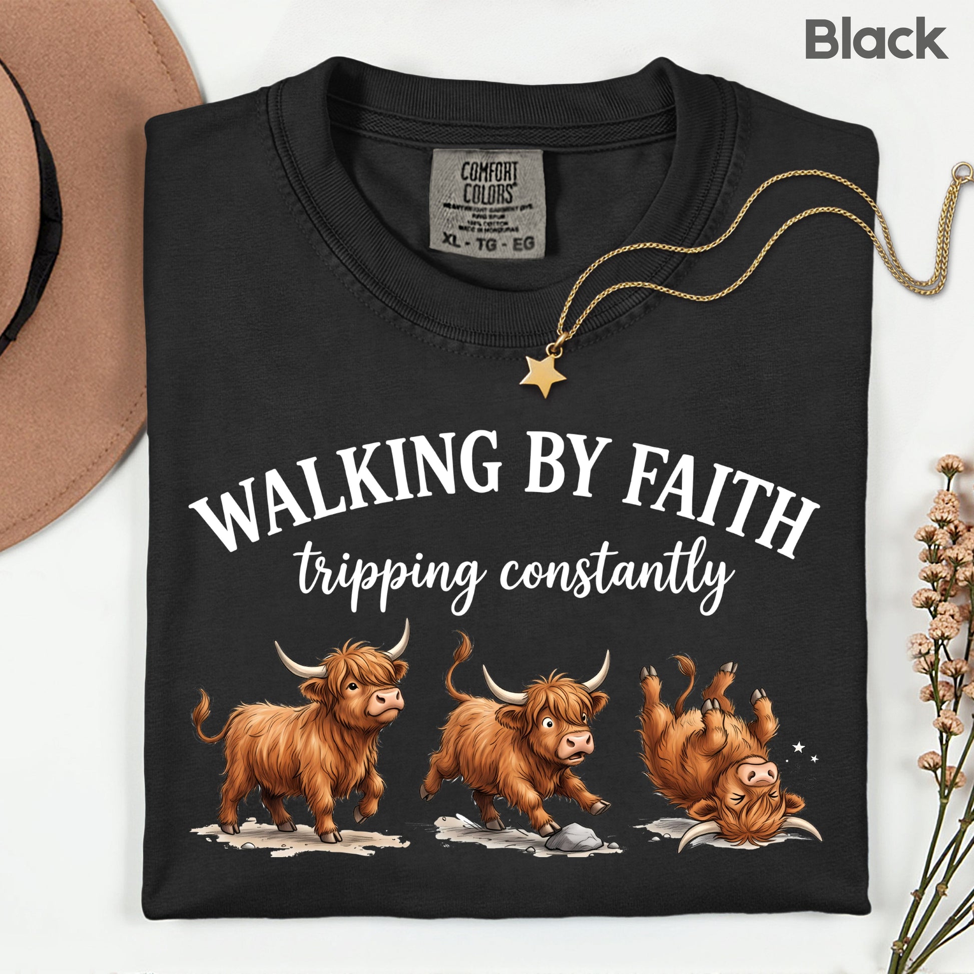 Walking by Faith Highland Cow T-Shirt, Tripping Constantly Funny Christian Quote Tee