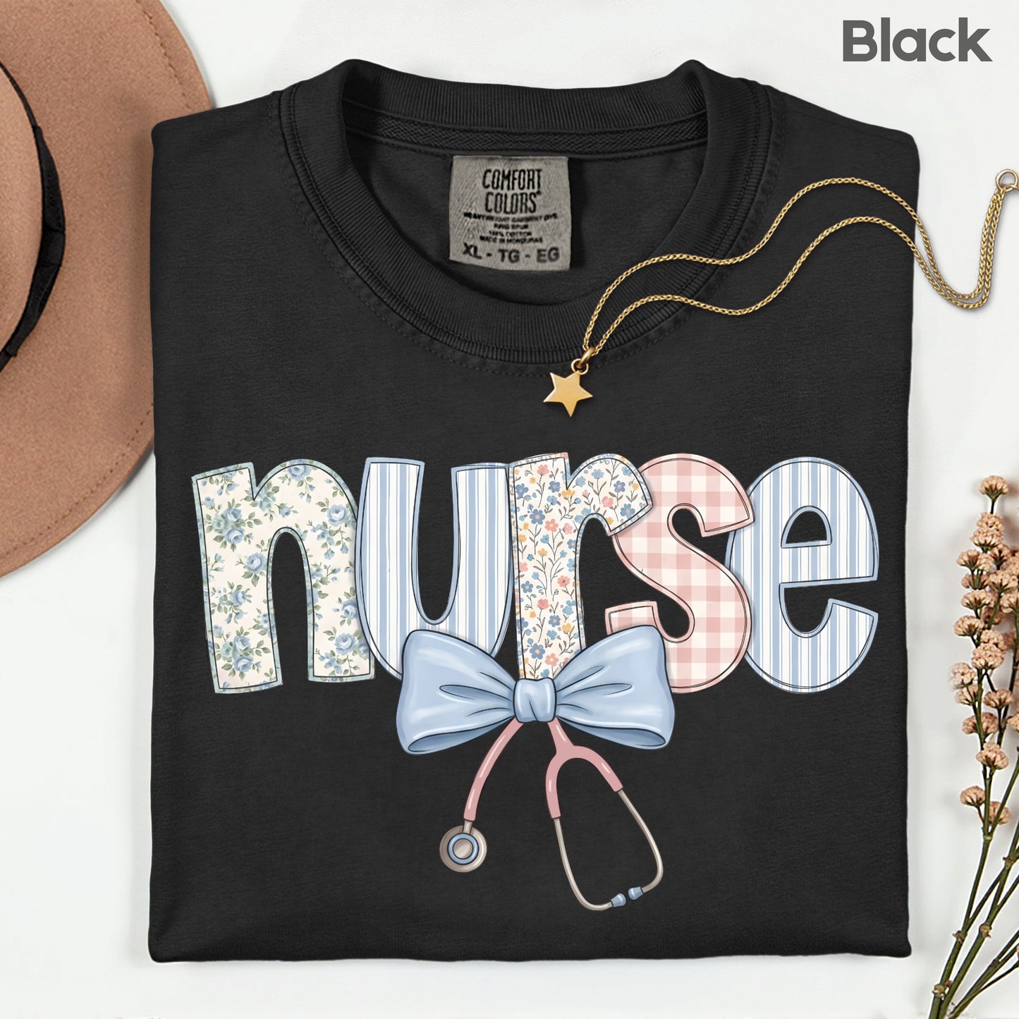 Nurse Coquette Floral Bow T-Shirt, Stethoscope Vintage Patchwork Nurse Tee