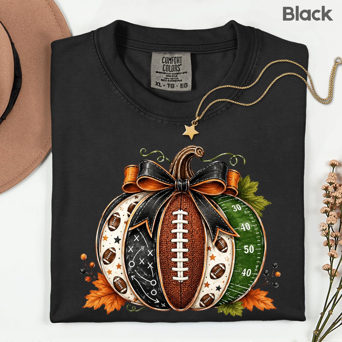 Football Pumpkin Bow Fall T-Shirt, Game Day Football Field Patchwork Autumn Tee