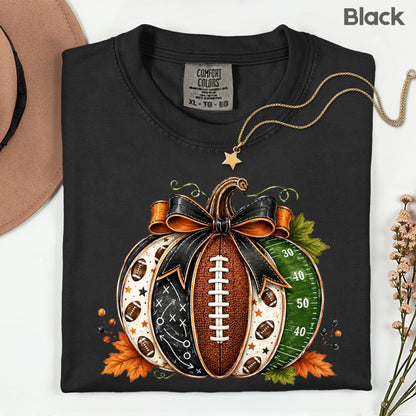 Football Pumpkin Bow Fall T-Shirt, Game Day Football Field Patchwork Autumn Tee