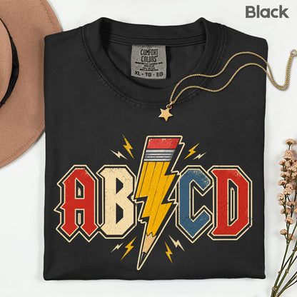 AB CD Lightning Bolt Pencil Teacher T-Shirt, Rock N Roll Back to School Comfort Color Tee