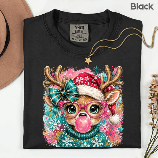 Christmas Reindeer Pink Glasses T-Shirt, Bubblegum Deer Santa Hat Cute Comfort Color Tee