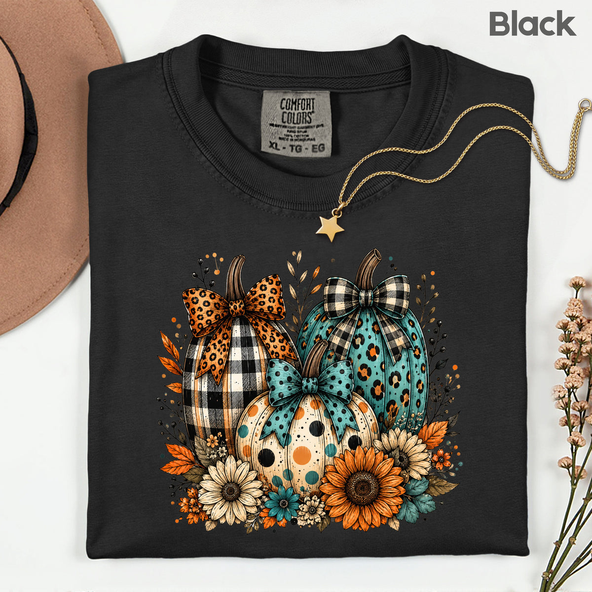 Fall Leopard Plaid Pumpkins T-Shirt, Teal Orange Floral Thanksgiving Tee