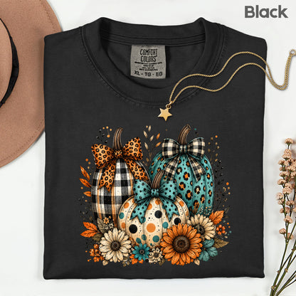 Fall Leopard Plaid Pumpkins T-Shirt, Teal Orange Floral Thanksgiving Tee