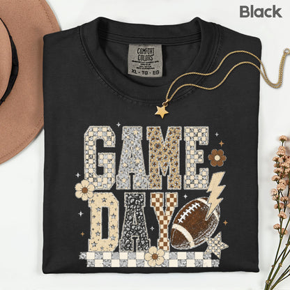 Game Day Leopard Football T-Shirt, Checkered Lightning Bolt Retro Western Tee Sweatshirt