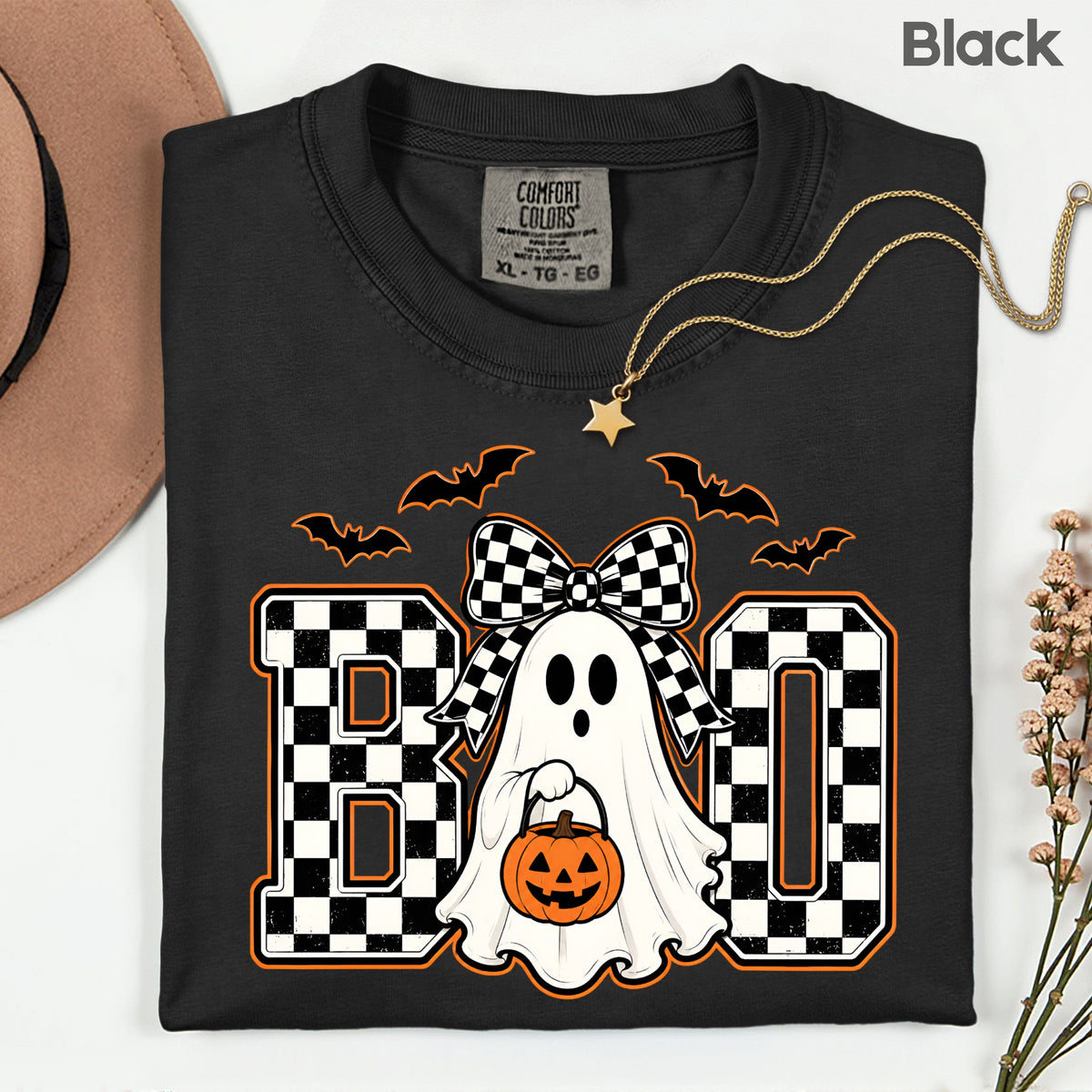 Boo Checkered Bow Ghost Halloween T-Shirt, Pumpkin Bucket Bats Retro Tee Sweatshirt