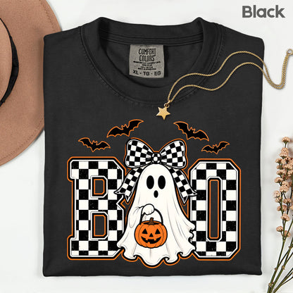 Boo Checkered Bow Ghost Halloween T-Shirt, Pumpkin Bucket Bats Retro Tee Sweatshirt