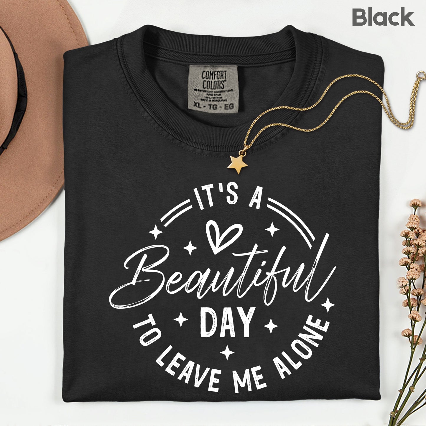It's a Beautiful Day Sarcastic Quote T-Shirt, Leave Me Alone Black Text Tee