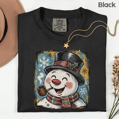 Vintage Snowman Christmas T-Shirt, Top Hat Pipe Snowflakes Scarf Comfort Color Tee