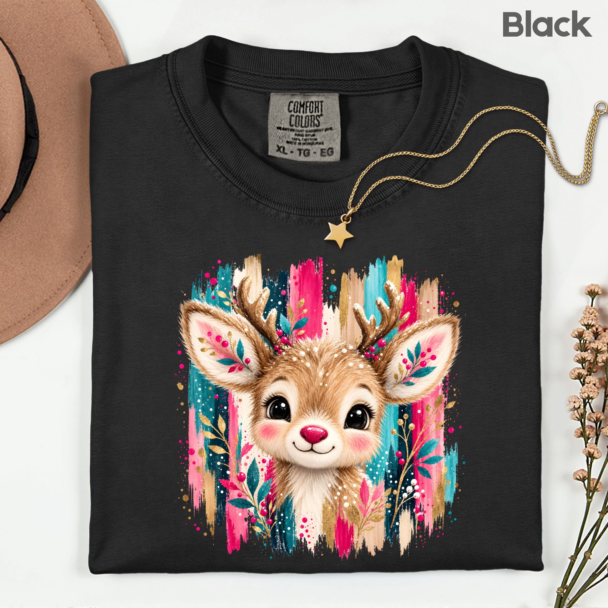 Cute Christmas Reindeer Floral Antlers T-Shirt, Pink Teal Gold Holiday Tee