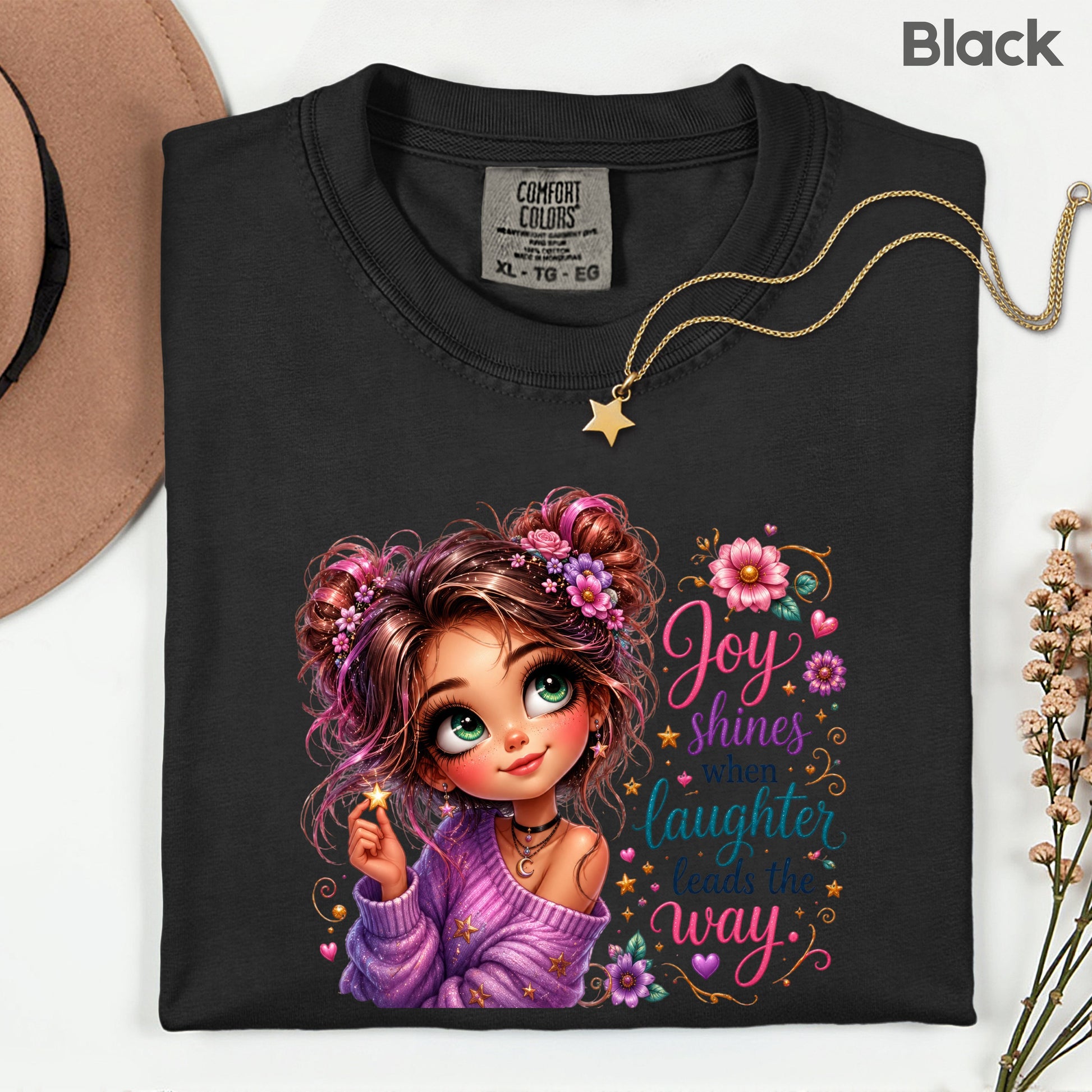 Joy Shines Laughter Space Buns Girl T-Shirt, Cute Floral Quote Tee